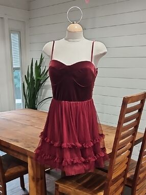 Trixxi Burgundy Velvet & Ruffle Tulle Mini Dress